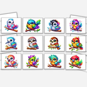 May include: Twelve colorful bird illustrations on white cards. Each card features a different bird with bright colors and a whimsical design. The birds are perched on branches with leaves.