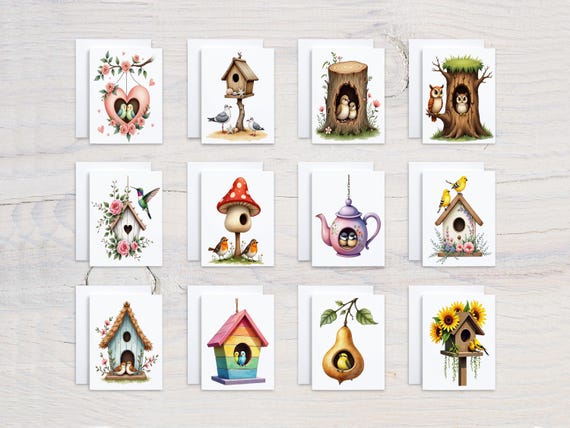 Assorted Birdhouse Greeting Cards, Blank Handmade Notecards, Miss You Card Set, Thank You Card Pack, Variety, Birthday and Everyday, CS96