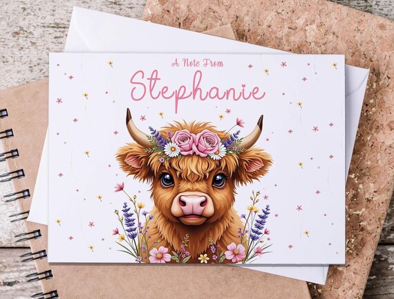 Cute Highland Cow Note Cards, Cow Birthday Card, Personalized Highland Cattle Stationary, Farm Animal Note Set, Cow Stationary, NC13