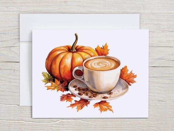 Pumpkin Latte Notecard – Cozy Fall Coffee Card, Autumn Stationery, Rustic Harvest Greeting, Seasonal Mug Illustration, Warm Note Set, EC404