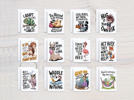 Funny Animal Notecard Set, Assorted Cards, Quotes About Life, Get Well Soon Card, Quirky Stationery, Birthday Card Pack, Everyday Card,CS356