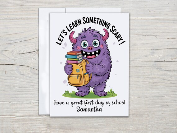 Personalized First Day of School Card, Cute Monster Card, Good Luck at School, Keepsake Card, New School Card, Happy First Day, GL22