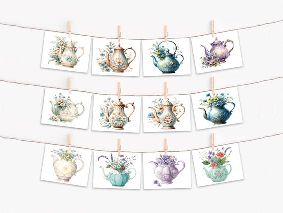 Watercolor Teapot Card Assortment, Floral Notecards, Bulk Cards, Get Well Soon Card, All Occasion Cards, Notecard Set, Blank Notecard, CS226