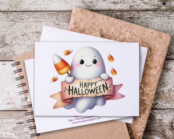 Kawaii Ghost Happy Halloween Notecard, Cute Halloween Greeting, All Occasions, Snail Mail, Fall Greeting Card, Summerween, Everyday Notecard