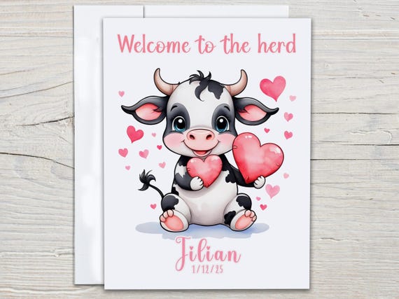 Personalized New Baby Card, Cute Cow Design, Welcome Little One, Congrats on Baby, Custom Card, Baby Shower, New Mum Card, NB5
