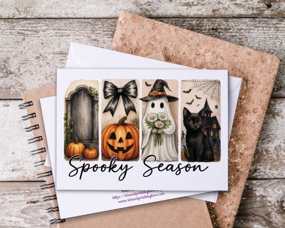 Halloween Notecards Set, Watercolor Spooky Season, Fall Notecards, Halloween Stationary, Blank All Hallows Eve, Trick or Treat Cards, HN32