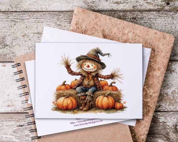 Watercolor Scarecrow Notecards, Fall Notecards, Blank Notecards, Autumn Greeting Card, Custom Notecards, Fall Stationary, Thank You, FA11