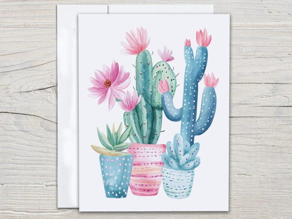 Watercolor Cactus Card Set, Cactus Notecards, Just Because Card, Snail Mail, Flowering Cactus, Greetings Cards Sets, Succulent, EC138