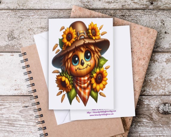 Cute Scarecrow and Sunflowers Notecards, Fall Notecards, Personal Stationary, Watercolor Halloween, Assorted Card, Greeting Cards, EC410