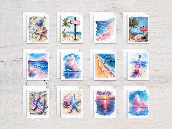 Watercolor Beach Scene Notecards, Assorted Card Set, Handmade Notecards, All Occasion Cards, Just Because Card, Variety Pack, Bday, CS181