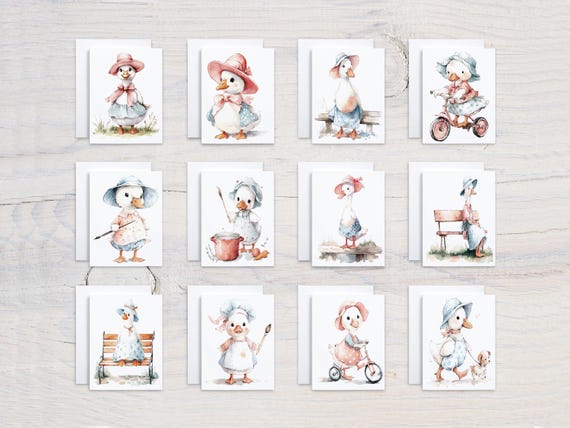 Watercolor Vintage Duck Notecards, Assorted Card Set, Duck Illustration, Cute Ducks, Blank Notecards, Thank You Card, Everyday, CS255