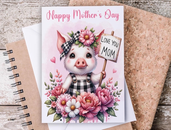 Mother's Day Card Pig Design, I Love You Mom, Happy Mothers Day, Mom Appreciation, Thoughtful Card, Notecard Set, Just Because Card, MD18