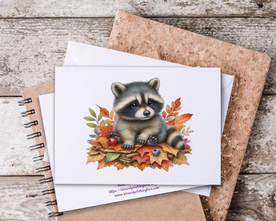 Autumn Baby Raccoon Notecards, Cute Raccoon, Fall Greeting Card, Trash Panda Notecards, Woodland Creatures, Wildlife Card, Blank Cards, FA11