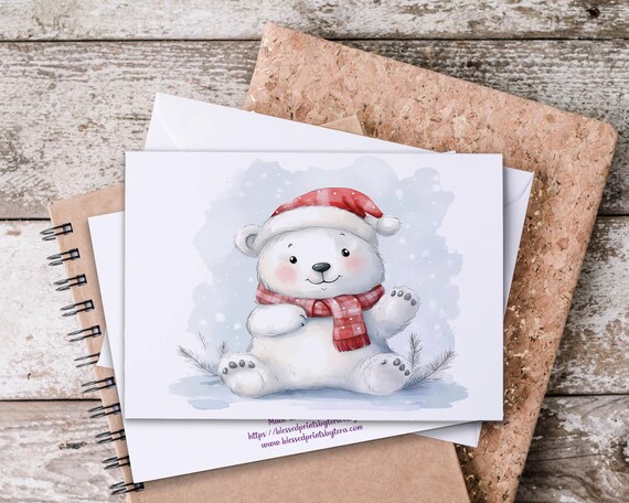 Christmas Polar Bear Notecards Set, Cute Watercolor Notecard, Polar Bear Gift, Blank Notecard, Winter Greeting Card, Everyday Cards, CH8