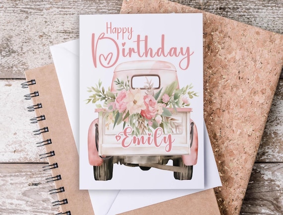 Personalized Birthday Card with Vintage Truck, Happy Bday Card, Custom Name Birthday Card, Antique Truck Style, Bday Card for Her, BC42