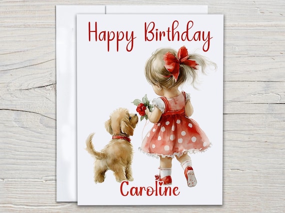 Personalized Birthday Card with Watercolor Girl & Puppy, Cute Bday Card, Bestie Birthday Card, Puppy Birthday Card, Bday Card for Her, BC274
