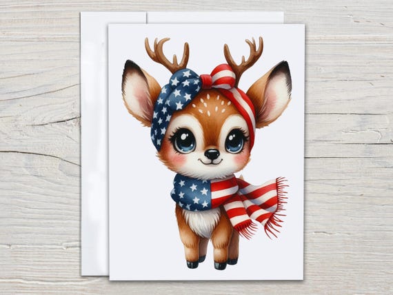 Patriotic Deer Notecard Set, Memorial Day Cards, Fourth of July Cards, American Flag Deer, Blank Notecard, All Occasion, Everyday, EC302