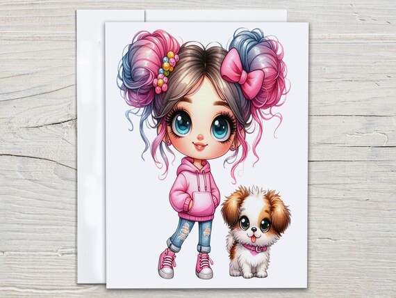 Cute Girl and Dog Notecard Set, Everyday Card, Just Because Card, Snail Mail, Blank Notecards, Thank You Card Pack, Happy Bday, EC87