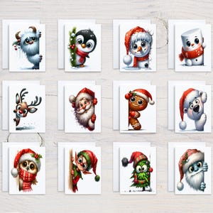 May include: A collection of Christmas greeting cards featuring whimsical illustrations. Each card showcases a different festive character, including a snowman, penguin, and Santa Claus, all wearing holiday attire. The cards are set against a white background.
