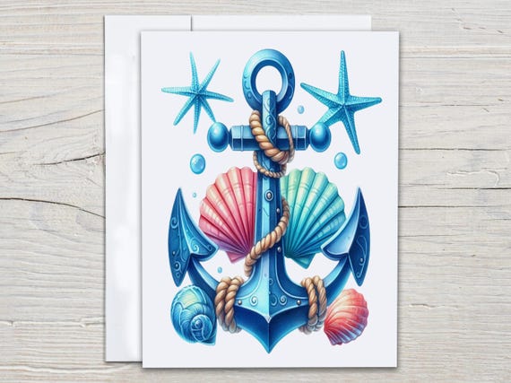 Nautical Note Cards Set, Cute Anchor Cards, Seashell Cards, Sailor Gift, Beach Greeting Card, Blank Notecard, Everyday Card, Get Well, EC109