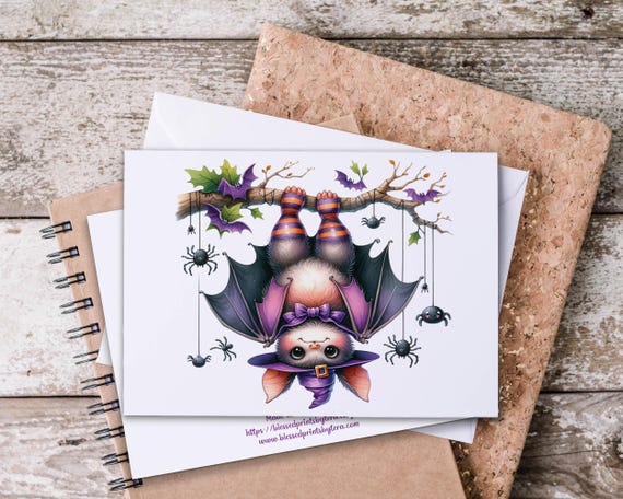 Cute Bat Witch Halloween Card – Kawaii Gothic Notecard for Fall