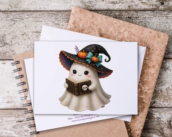 Cute Kawaii Ghost Reading Book Notecards, Everyday Notecards, Snail Mail, All Occasion Cards, Notecard Set, Blank Notecards, HN55