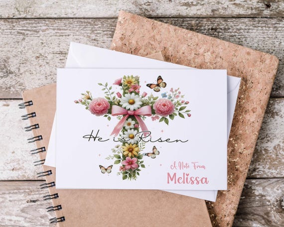 Personalized Note Cards & Envelope | Kids Stationary | He Is Risen Floral Cross | Cute Kawaii Letter Writing Gift, Feminine Stationery