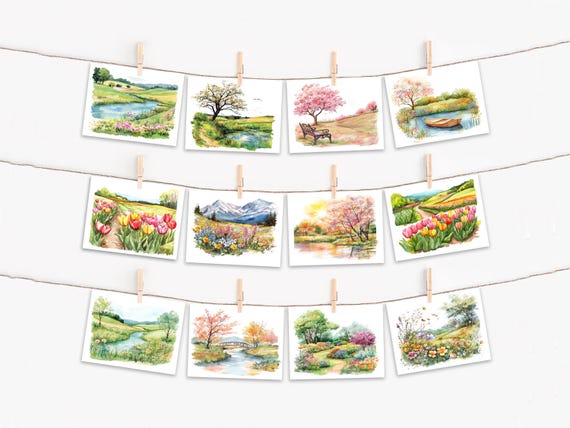 Assorted Notecard Set, Watercolor Spring Flowers, Handmade Notecards, All Occasion Cards, Greeting Card Assortment, Spring Trees, CS180