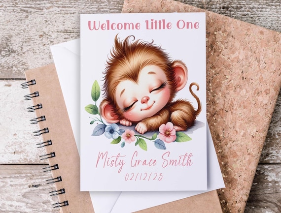 Personalized Monkey New Baby Card, New Grandchild Card, Welcome to the World, Baby Congratulations, Newborn Card, Congrats Card, NB1