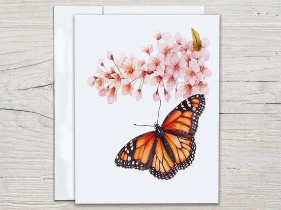 Cherry Blossom Flower Card Set, Watercolor Butterfly Notecard, Everyday Card Pack, All Occasion Cards, Snail Mail Set, Thank You Card, EC134
