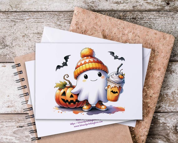 Kawaii Ghost Notecard Set, Pumpkin Coffee Cards, Everyday Notecards, Snail Mail, Just Because Card, Blank Notecards, Summerween Notecard