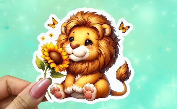 Cute Kawaii Lion Sunflower Sticker, Vinyl  Decal, Water-Resistant Lion Sticker, Bullet Journal, Kawaiicore, Kidcore, VN46