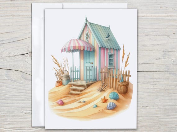 Cute Watercolor Beach Hut Notecards Set, Blank Notecard, Cute Stationary Set, Beach Scene, Ocean Cards, All Occasion Cards, Bday, EC243
