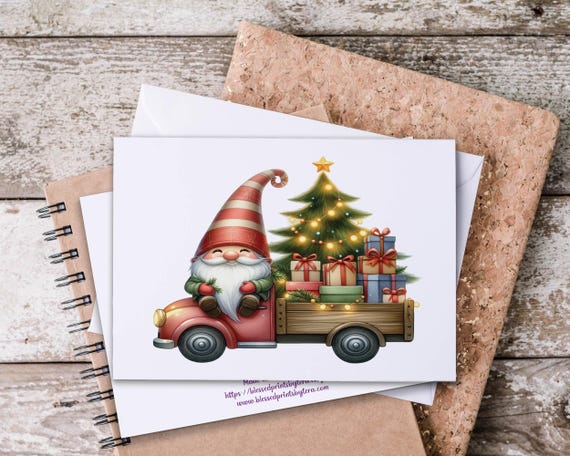 Cute Christmas Gnome Notecards, Vintage Truck Design, Santa Gnome Stationary, Blank Notecard, Holiday Thank You, Winter Gnome, Kawaii Gnome