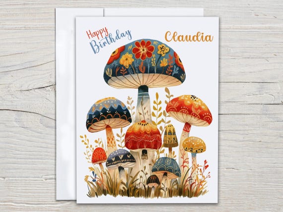 Personalized Watercolor Mushroom Birthday Card, Simple Birthday Card, Bday Card for Her, Bday Card for Mom, Bestie Birthday Card, BC131