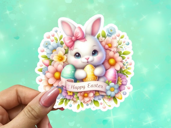 Cute Bunny Sticker, Matte Easter Tag, Rabbit Stickers, Happy Easter Sticker,Easter Party Favors, Spring Stickers, VN10