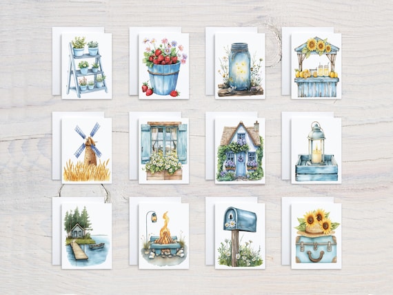 Watercolor Summer Card Assortment, Cute Stationary, Thank You Card, Notecard Set, Blank Notecard, Summer Notecard Set, Everyday, CS86
