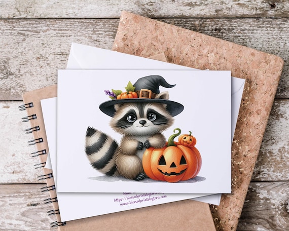 Cute Halloween Raccoon Notecard Set, Trash Panda, Fall Notecards, Woodland Creatures, All Occasion Cards, Wildlife Card, Fall Card, HN30
