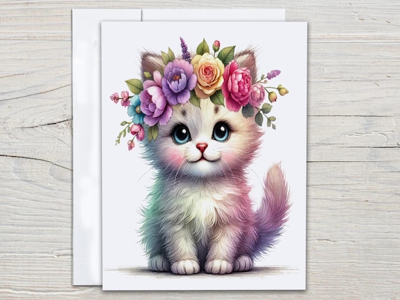 Floral Cat Card Set, Cute Stationary, Everyday Card, Kawaii Stationary, Card Assortment, All Occasion Card, Snail Mail, Greeting Card, EC140