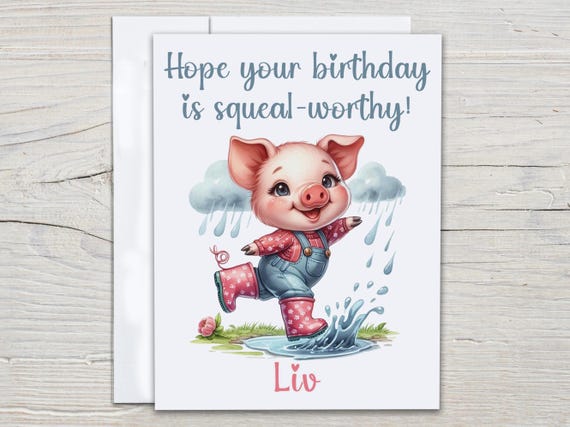 Personalized Watercolor Pig Birthday Card, Squeal-Worthy Greetings, Funny Bday Card, Cute Card for Her, Cute Bday Card, Bday Wishes, BC275