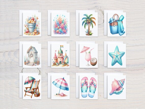 Watercolor Beach Card Assortment, Thank You Card, Birthday Card Pack, Greeting Cards Variety Pack, Notecard Set, Handmade Notecards, CS94