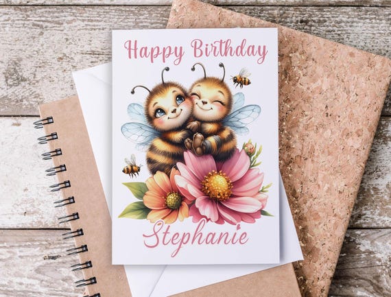 Personalized Bumblebee Birthday Card, Fun Birthday Card, Bee Print, Bee Cards, Greeting Cards, Happy Birthday, Cute Bee Card, BC36