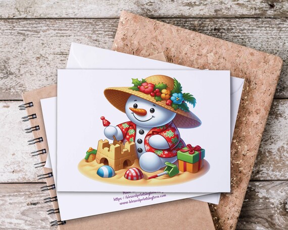 Kawaii Snowman Beach Notecards, Christmas Stationary Set, Winter Greeting Card, Cute Stationary Gift, Snowmen Cards, Holiday Thank You Card,