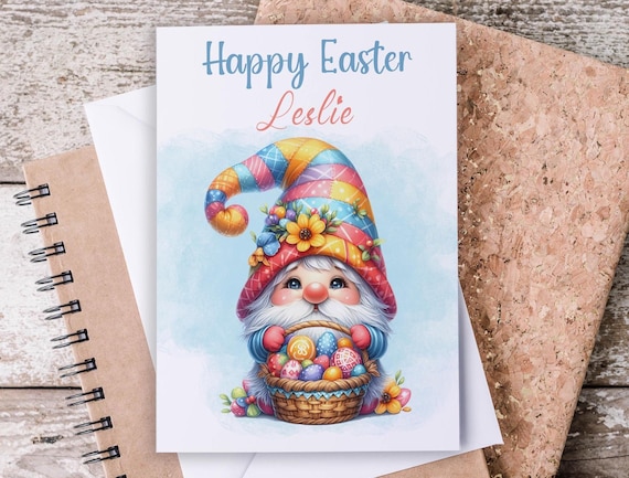 Easter Gnome Card, Happy 1st Easter, Personalized Kids Easter Card, Cute Gnome, Gnome Easter Card, Spring, Baby's 1st Easter, GC35