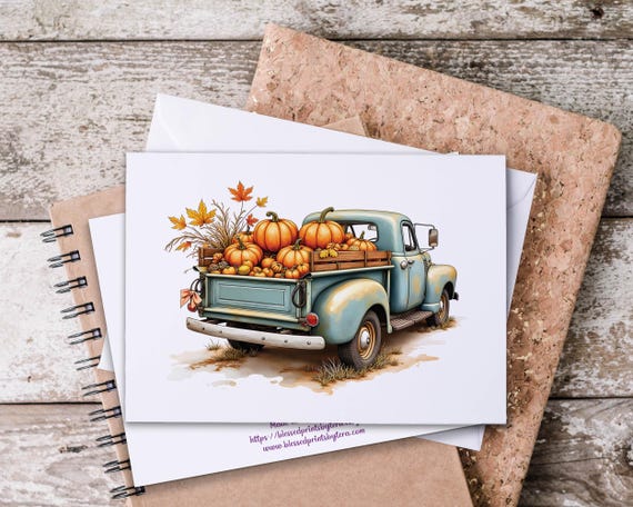 Vintage Pumpkin Truck Notecards, Classic Trucks, Watercolor Pumpkin, Blank Notecard, Fall Notecards, All Occasion, Autumn Greeting Card,FA12