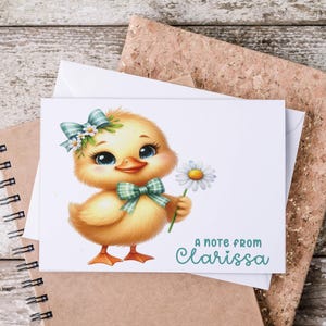 Personalized Note Cards & Envelope | Kawaii Spring Duck Greeting Card, Daisy Stationery Gift, Letter Writing Set, Handmade Kids Stationary