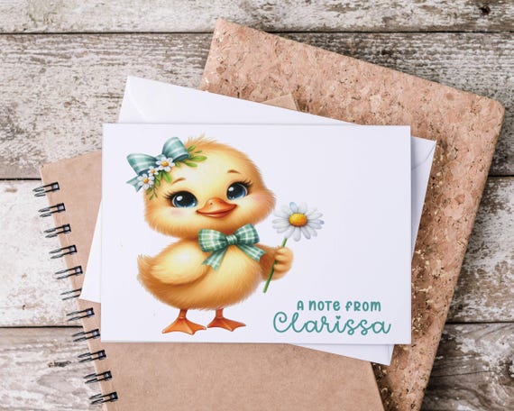 Personalized Note Cards & Envelope | Kawaii Spring Duck Greeting Card, Daisy Stationery Gift, Letter Writing Set, Handmade Kids Stationary