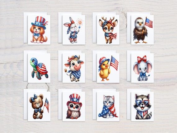 Patriotic Animals Notecards Set, Card Assortment, Blank Notecards, All Occasion Cards, Greeting Cards Pack, Cute Stationery, Bday, CS197