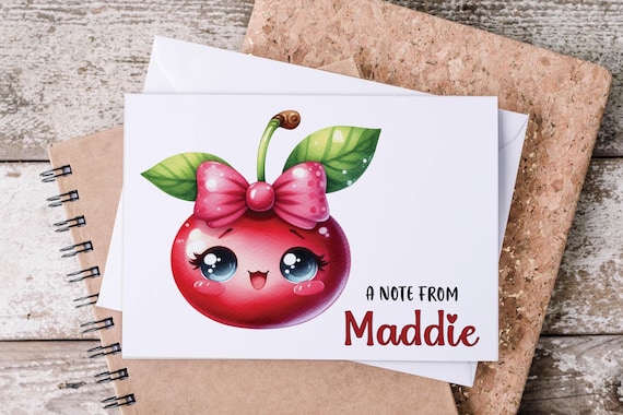 Personalized Note Cards & Envelope | Kids Stationary | Custom Kawaii Cherry Red Art | Cute Teacher Thank You, Memo Card, Birthday Writing