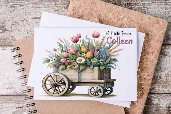 Personalized Note Cards & Envelope | Floral Stationary | Rustic Cart with Wildflowers | Custom Gift, Teacher Thank You, Handmade Cute Set
